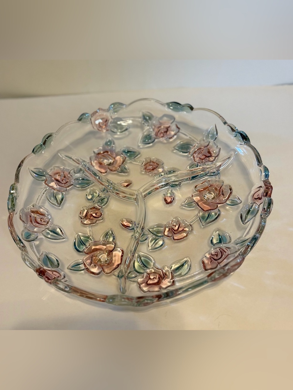 Mikasa Pressed Glass Floral Decorative Plate Round Pink & Green Raised Flowers